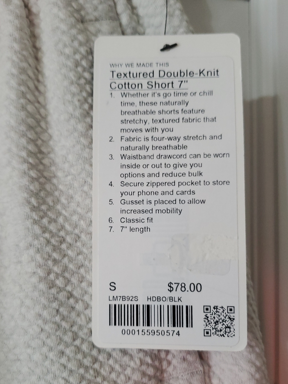 NWT lululemon Textured Double Knit Cotton 7in Men’s S Heathered Bone - Picture 2 of 3